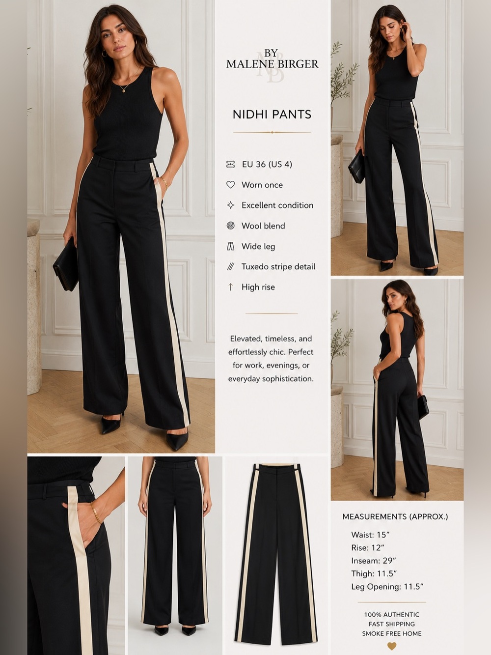 By Malene Birger Nidhi Wool Blend Tuxedo Stripe Wide Leg Pants EU 36 US